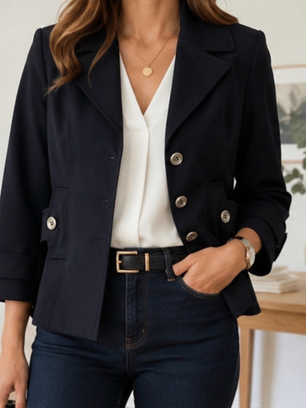 Louden Navy Cropped Button Blazer